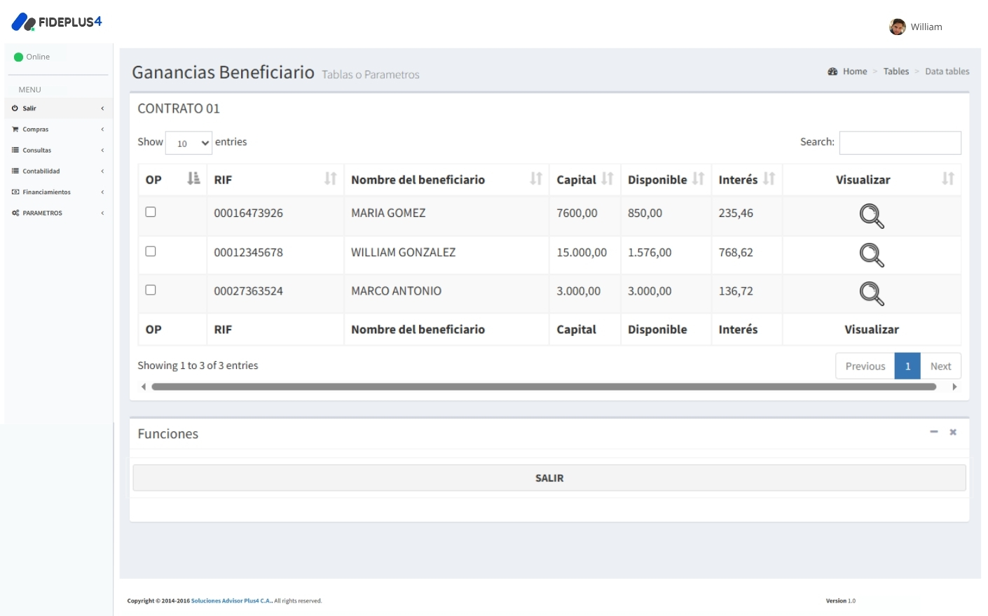 Interfaz de software gestión de préstamos FidePlus4