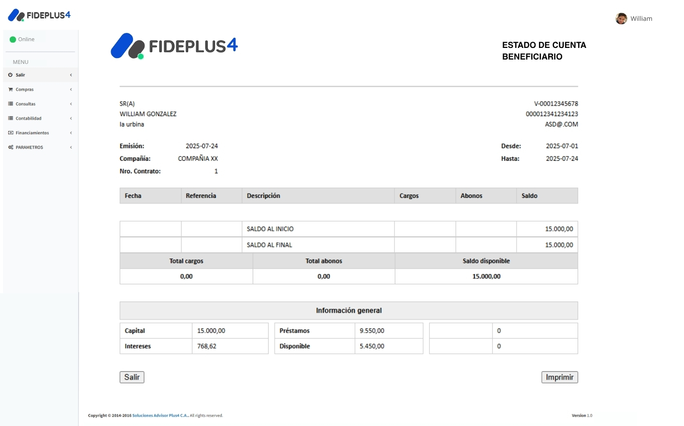 Interfaz de software gestión de préstamos FidePlus4