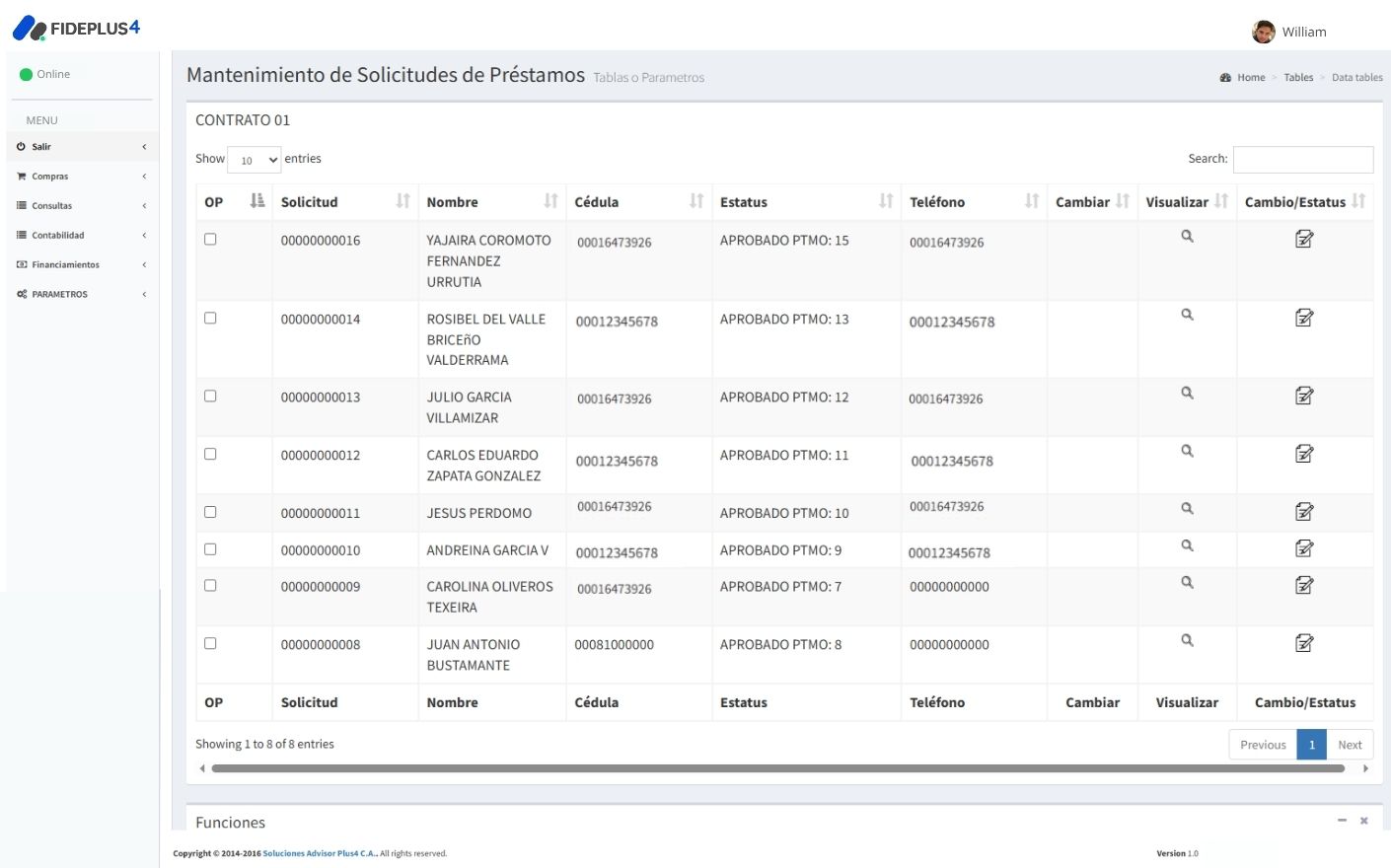 Interfaz de software gestión de préstamos FidePlus4